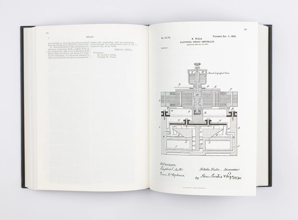 Nikola Tesla's Patents Book — patent illustrations spread