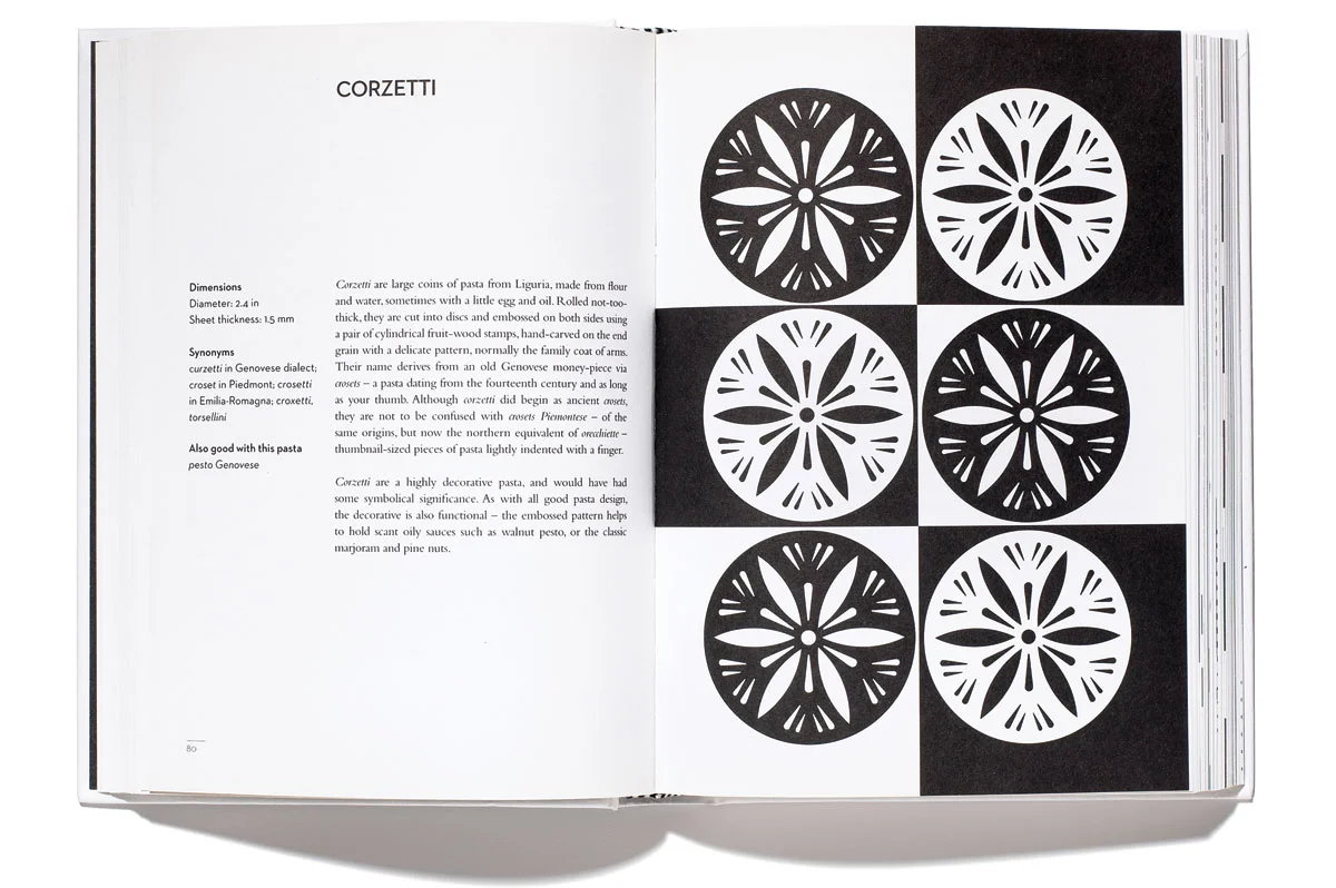 The Geometry of Pasta — black-and-white architectural pasta drawings, spread layout